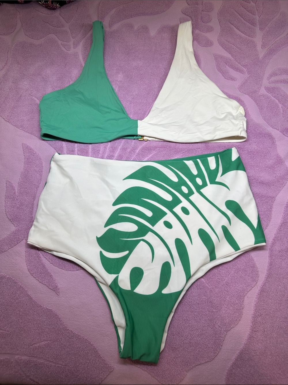 Color Block L-Space Green & White High-Waist Tropical Bikini